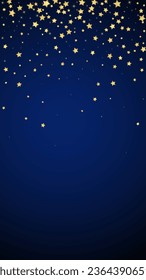 Superposición vectorial de las estrellas mágicas.  Estrellas de oro dispersas al azar, cayendo, flotando.  Una plantilla de superposición infantil de ensueño caótico. Encantador vector con estrellas mágicas sobre fondo azul oscuro.