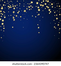 Superposición vectorial de las estrellas mágicas.  Estrellas de oro dispersas al azar, cayendo, flotando.  Una plantilla de superposición infantil de ensueño caótico. Cielo nocturno de caricatura mágica sobre fondo azul oscuro.