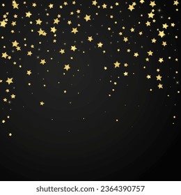 Magische Sterne, Vektorüberlagerung.  Goldsterne zerstreut nach dem Zufallsprinzip, fallend, schwebend.  Chaotische Träume kindliche Overlay-Vorlage. Wunderbare Sternennacht-Vektorgrafik auf schwarzem Hintergrund.