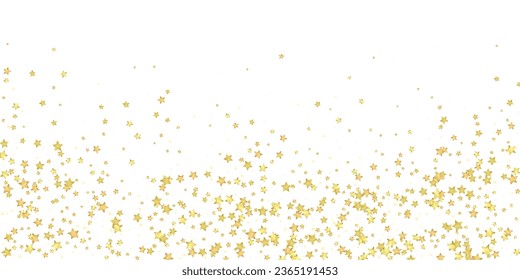 Magic stars vector overlay.  Gold stars scattered around randomly, falling down, floating.  Chaotic dreamy childish overlay template. Enchanting vector with magic stars on white background.