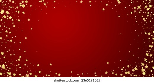 Magic stars vector overlay.  Gold stars scattered around randomly, falling down, floating.  Chaotic dreamy childish overlay template. Vector magic overlay  on red background.