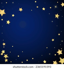 Magic stars vector overlay.  Gold stars scattered around randomly, falling down, floating.  Chaotic dreamy childish overlay template. Magical cartoon night sky on dark blue background.