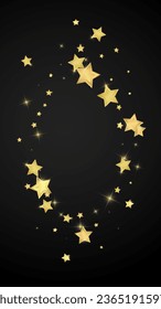 Magic stars vector overlay.  Gold stars scattered around randomly, falling down, floating.  Chaotic dreamy childish overlay template. Enchanting vector with magic stars on black background.