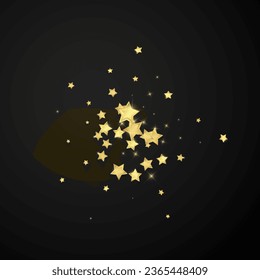 Magic stars vector overlay.  Gold stars scattered around randomly, falling down, floating.  Chaotic dreamy childish overlay template. Magical cartoon night sky on black background.