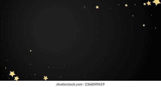 Magic stars vector overlay.  Gold stars scattered around randomly, falling down, floating.  Chaotic dreamy childish overlay template. Magical cartoon night sky on black background.