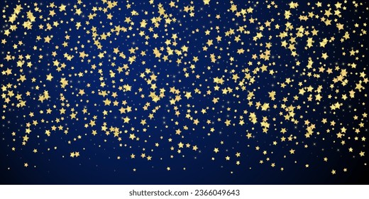 Superposición vectorial de las estrellas mágicas.  Estrellas de oro dispersas al azar, cayendo, flotando.  Una plantilla de superposición infantil de ensueño caótico. Superposición mágica vectorial sobre fondo azul oscuro.