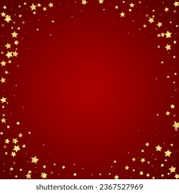 Superposición vectorial de las estrellas mágicas.  Estrellas de oro dispersas al azar, cayendo, flotando.  Una plantilla de superposición infantil de ensueño caótico. Cielo nocturno de caricatura mágica sobre fondo rojo.