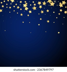 Magic stars vector overlay.  Gold stars scattered around randomly, falling down, floating.  Chaotic dreamy childish overlay template. on dark blue background.