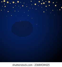 Superposición vectorial de las estrellas mágicas.  Estrellas de oro dispersas al azar, cayendo, flotando.  Una plantilla de superposición infantil de ensueño caótico. sobre fondo azul oscuro.