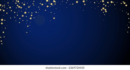 Magic stars vector overlay.  Gold stars scattered around randomly, falling down, floating.  Chaotic dreamy childish overlay template. Miraculous starry night vector  on dark blue background.