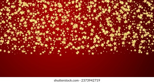 Magic stars vector overlay.  Gold stars scattered around randomly, falling down, floating.  Chaotic dreamy childish overlay template. Enchanting vector with magic stars on red background.