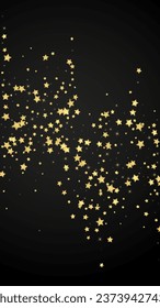 Magic stars vector overlay.  Gold stars scattered around randomly, falling down, floating.  Chaotic dreamy childish overlay template. Magical cartoon night sky on black background.
