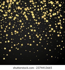 Magic stars vector overlay.  Gold stars scattered around randomly, falling down, floating.  Chaotic dreamy childish overlay template. Magical cartoon night sky on black background.