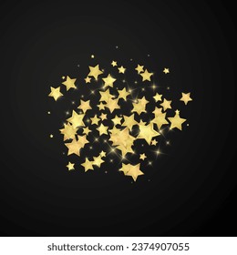 Magic stars vector overlay.  Gold stars scattered around randomly, falling down, floating.  Chaotic dreamy childish overlay template. Miraculous starry night vector  on black background.