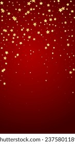 Magic stars vector overlay.  Gold stars scattered around randomly, falling down, floating.  Chaotic dreamy childish overlay template. Enchanting vector with magic stars on red background.