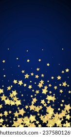 Superposición vectorial de las estrellas mágicas.  Estrellas de oro dispersas al azar, cayendo, flotando.  Una plantilla de superposición infantil de ensueño caótico. Superposición mágica vectorial sobre fondo azul oscuro.