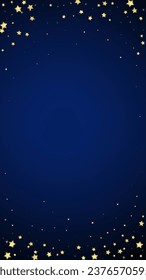 Superposición vectorial de las estrellas mágicas.  Estrellas de oro dispersas al azar, cayendo, flotando.  Una plantilla de superposición infantil de ensueño caótico. Vector nocturno milagroso estrellado sobre fondo azul oscuro.