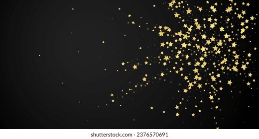 Magic stars vector overlay.  Gold stars scattered around randomly, falling down, floating.  Chaotic dreamy childish overlay template. Enchanting vector with magic stars on black background.