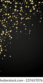 Magic stars vector overlay.  Gold stars scattered around randomly, falling down, floating.  Chaotic dreamy childish overlay template. Vector magic overlay  on black background.