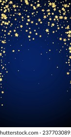 Magic stars vector overlay.  Gold stars scattered around randomly, falling down, floating.  Chaotic dreamy childish overlay template. Vector magic overlay  on dark blue background.
