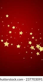 Magic stars vector overlay.  Gold stars scattered around randomly, falling down, floating.  Chaotic dreamy childish overlay template. on red background.