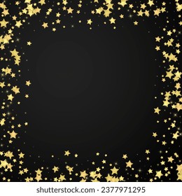 Superposición vectorial de las estrellas mágicas.  Estrellas de oro dispersas al azar, cayendo, flotando.  Una plantilla de superposición infantil de ensueño caótico. sobre fondo negro.