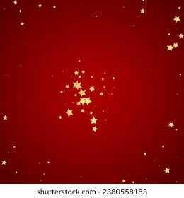Magic stars vector overlay.  Gold stars scattered around randomly, falling down, floating.  Chaotic dreamy childish overlay template. Vector magic overlay  on red background.
