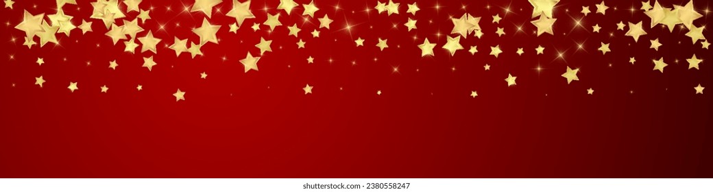 Superposición vectorial de las estrellas mágicas.  Estrellas de oro dispersas al azar, cayendo, flotando.  Una plantilla de superposición infantil de ensueño caótico. sobre fondo rojo.