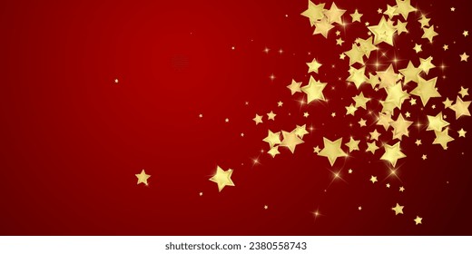 Magic stars vector overlay.  Gold stars scattered around randomly, falling down, floating.  Chaotic dreamy childish overlay template. Vector magic overlay  on red background.