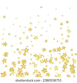 Magic stars vector overlay.  Gold stars scattered around randomly, falling down, floating.  Chaotic dreamy childish overlay template. Vector fairytale  on white background.