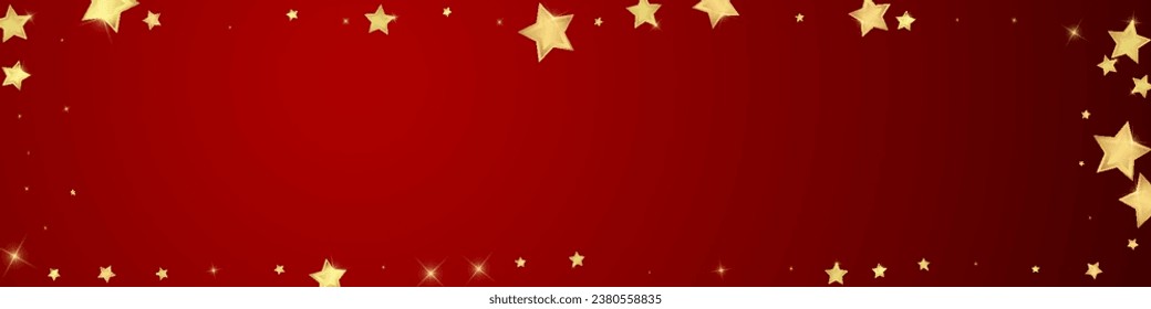 Superposición vectorial de las estrellas mágicas.  Estrellas de oro dispersas al azar, cayendo, flotando.  Una plantilla de superposición infantil de ensueño caótico. Cielo nocturno de caricatura mágica sobre fondo rojo.