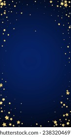 Magic stars vector overlay.  Gold stars scattered around randomly, falling down, floating.  Chaotic dreamy childish overlay template. Miraculous starry night vector  on dark blue background.