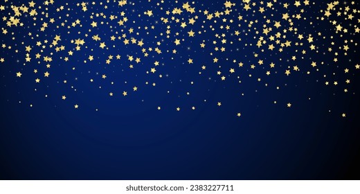 Magic stars vector overlay.  Gold stars scattered around randomly, falling down, floating.  Chaotic dreamy childish overlay template. Vector magic overlay  on dark blue background.