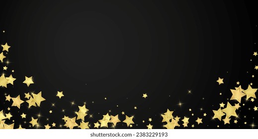Magic stars vector overlay.  Gold stars scattered around randomly, falling down, floating.  Chaotic dreamy childish overlay template. Magical cartoon night sky on black background.