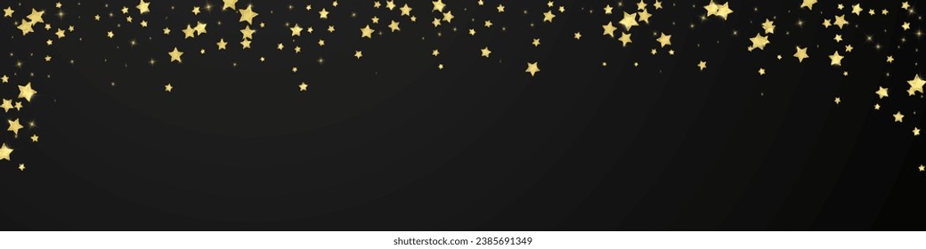 Magic stars vector overlay.  Gold stars scattered around randomly, falling down, floating.  Chaotic dreamy childish overlay template. Magical cartoon night sky on black background.