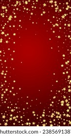 Magic stars vector overlay.  Gold stars scattered around randomly, falling down, floating.  Chaotic dreamy childish overlay template. Miraculous starry night vector  on red background.