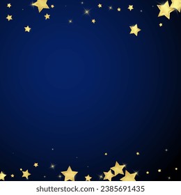 Superposición vectorial de las estrellas mágicas.  Estrellas de oro dispersas al azar, cayendo, flotando.  Una plantilla de superposición infantil de ensueño caótico. sobre fondo azul oscuro.