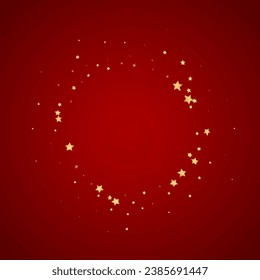Magic stars vector overlay.  Gold stars scattered around randomly, falling down, floating.  Chaotic dreamy childish overlay template. Vector magic overlay  on red background.
