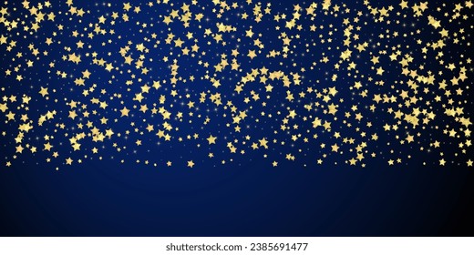 Superposición vectorial de las estrellas mágicas.  Estrellas de oro dispersas al azar, cayendo, flotando.  Una plantilla de superposición infantil de ensueño caótico. Encantador vector con estrellas mágicas sobre fondo azul oscuro.