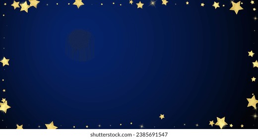 Magic stars vector overlay.  Gold stars scattered around randomly, falling down, floating.  Chaotic dreamy childish overlay template. on dark blue background.