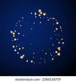 Magic stars vector overlay.  Gold stars scattered around randomly, falling down, floating.  Chaotic dreamy childish overlay template. on dark blue background.