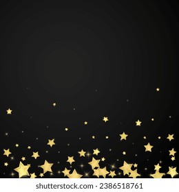 Magic stars vector overlay.  Gold stars scattered around randomly, falling down, floating.  Chaotic dreamy childish overlay template. Magical cartoon night sky on black background.