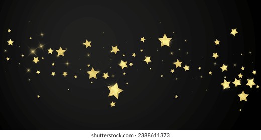 Magic stars vector overlay.  Gold stars scattered around randomly, falling down, floating.  Chaotic dreamy childish overlay template. Miraculous starry night vector  on black background.