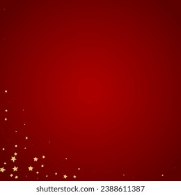 Magic stars vector overlay.  Gold stars scattered around randomly, falling down, floating.  Chaotic dreamy childish overlay template. Enchanting vector with magic stars on red background.