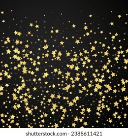 Superposición vectorial de las estrellas mágicas.  Estrellas de oro dispersas al azar, cayendo, flotando.  Una plantilla de superposición infantil de ensueño caótico. sobre fondo negro.