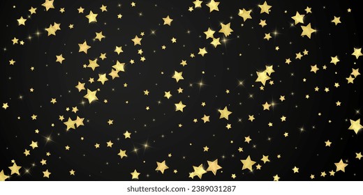 Magic stars vector overlay.  Gold stars scattered around randomly, falling down, floating.  Chaotic dreamy childish overlay template. Vector magic overlay  on black background.