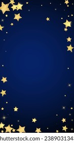 Magic stars vector overlay.  Gold stars scattered around randomly, falling down, floating.  Chaotic dreamy childish overlay template. Vector magic overlay  on dark blue background.