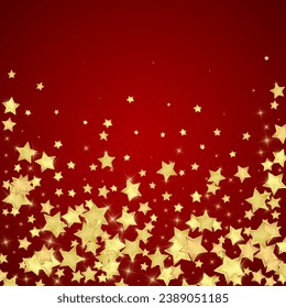 Superposición vectorial de las estrellas mágicas.  Estrellas de oro dispersas al azar, cayendo, flotando.  Una plantilla de superposición infantil de ensueño caótico. sobre fondo rojo.