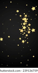 Superposición vectorial de las estrellas mágicas.  Estrellas de oro dispersas al azar, cayendo, flotando.  Una plantilla de superposición infantil de ensueño caótico. Vector nocturno milagroso estrellado sobre fondo negro.