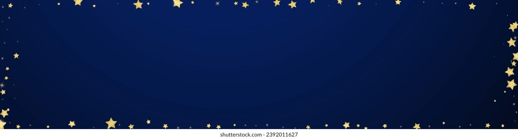 Magic stars vector overlay.  Gold stars scattered around randomly, falling down, floating.  Chaotic dreamy childish overlay template. Miraculous starry night vector  on dark blue background.